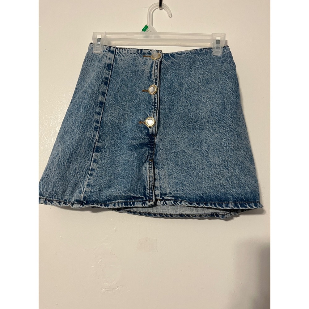Zara Blue Acid‎ Wash Denim Mini Skirt High Waisted Pearl Button Front Size XS 24